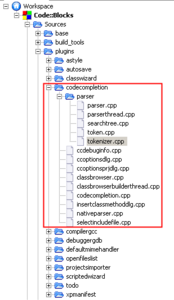 Code completion source tree opened in code::blocks